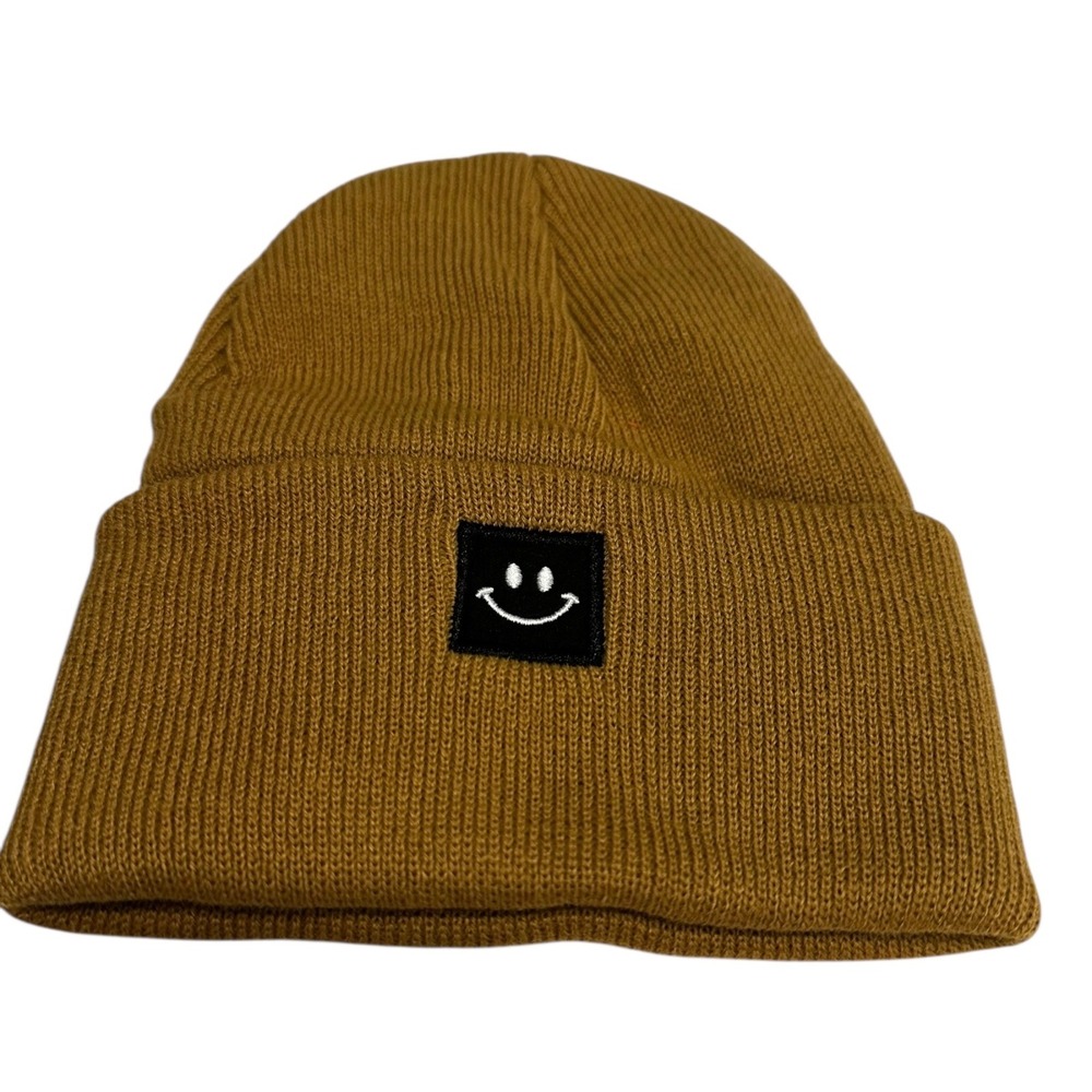 2 Kids Smiley Face Cuffed Knit Beanies‎ Black Brown Winter Hats New